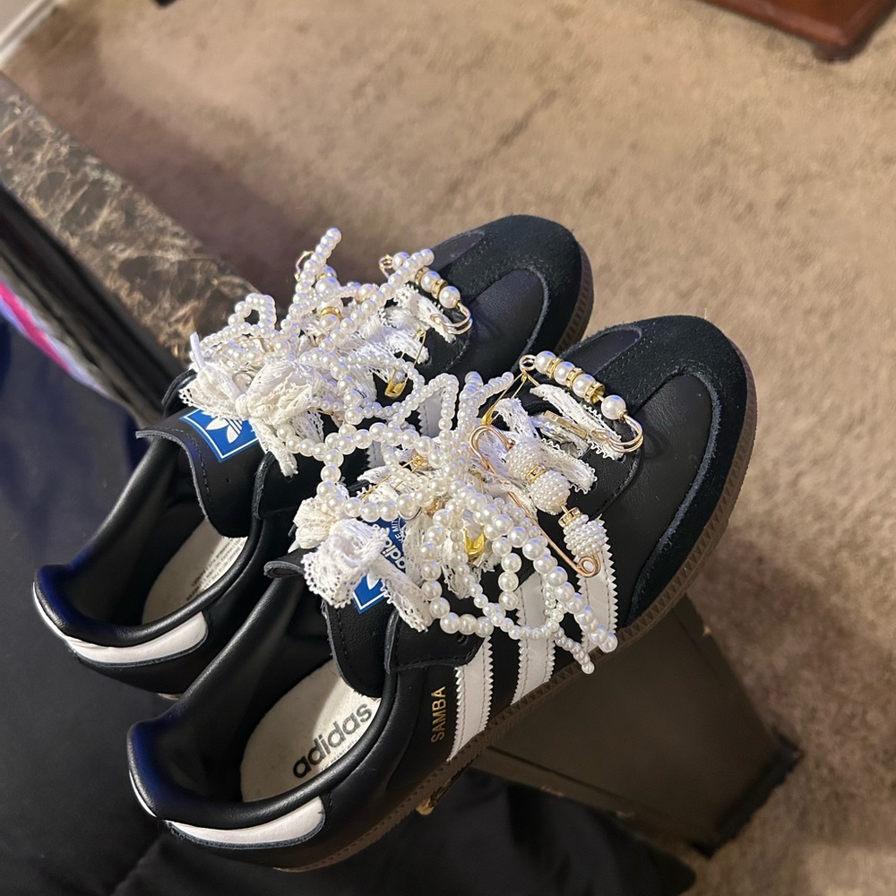 Custom Adidas Samba Black Sneakers | Pearl & Lace Detail